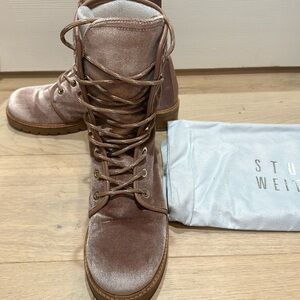 Size 11 Stuart Weitzman pink velvet short boots with lug sole